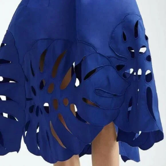 °$4,590 NEW OSCAR DE LA RENTA BLUE SILK LEAF MIDI DRESS US 8